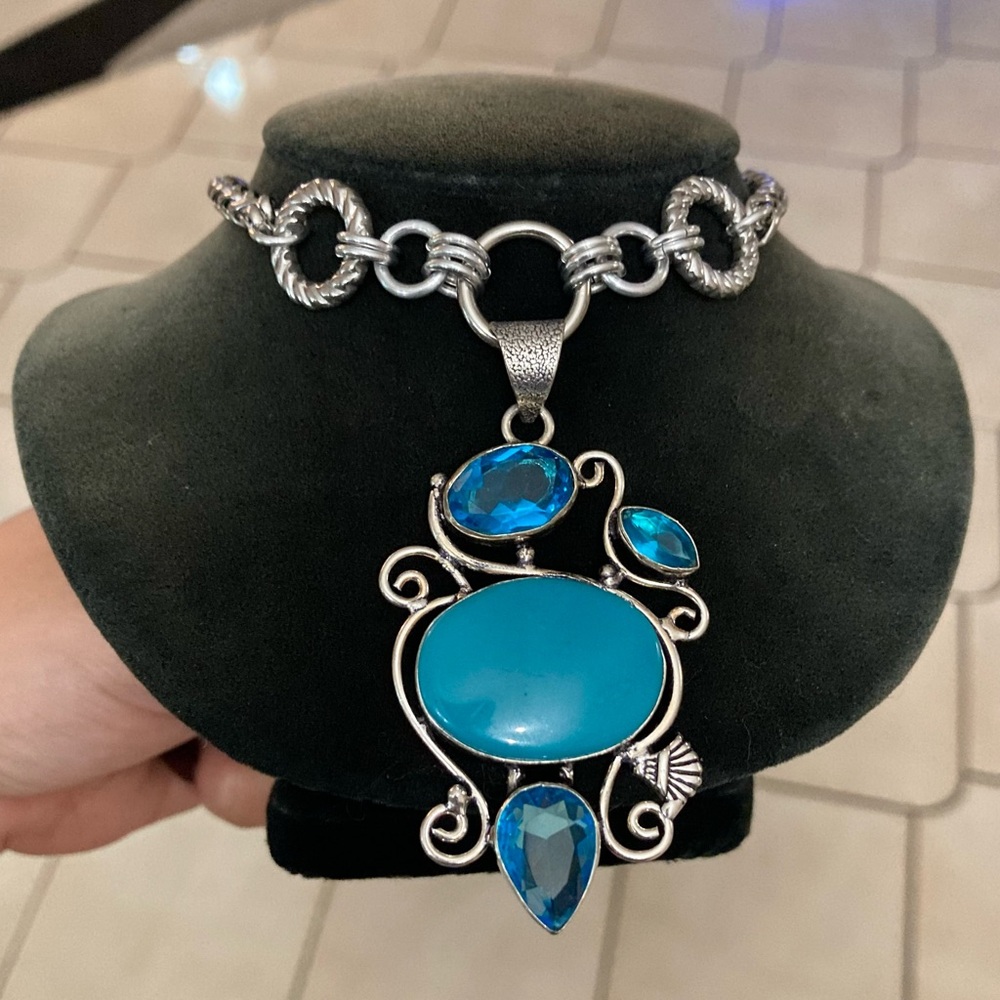 Blue topaz & blue agate turquoise color gemstone maille handmade boho necklace